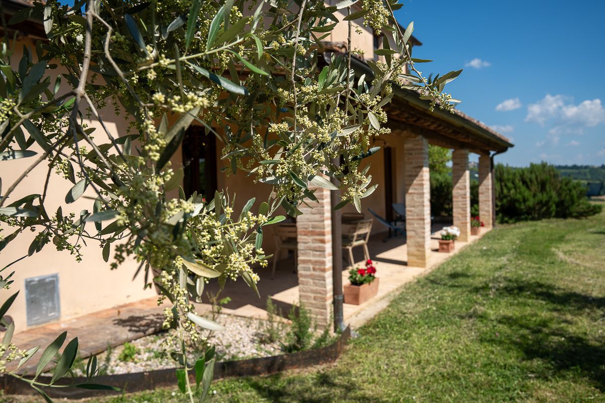 Rustic brick country house with covered porch, lush garden, and scenic countryside views on a sunny day.