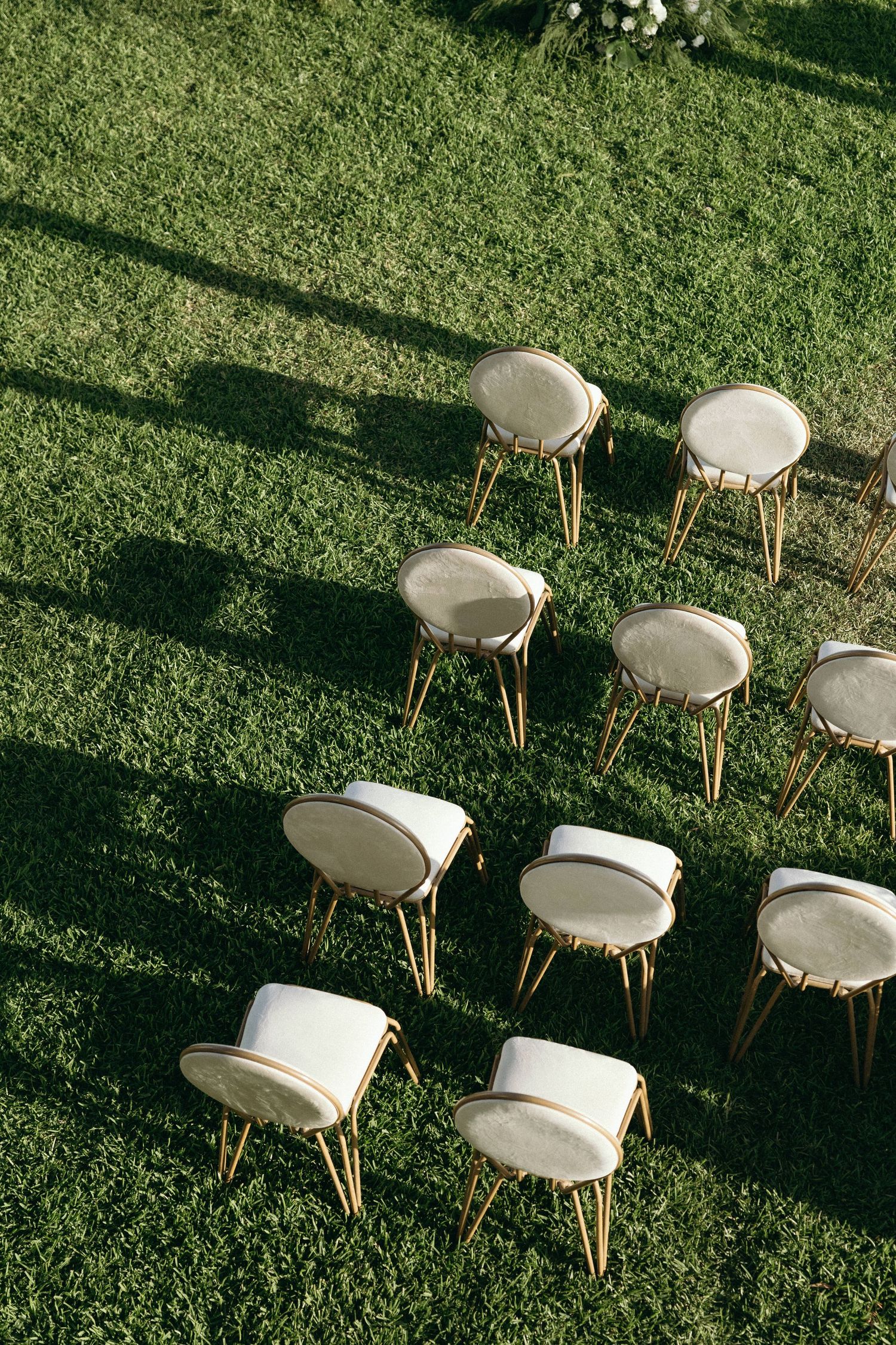 White chairs arranged in rows on a lush green lawn for an outdoor event.