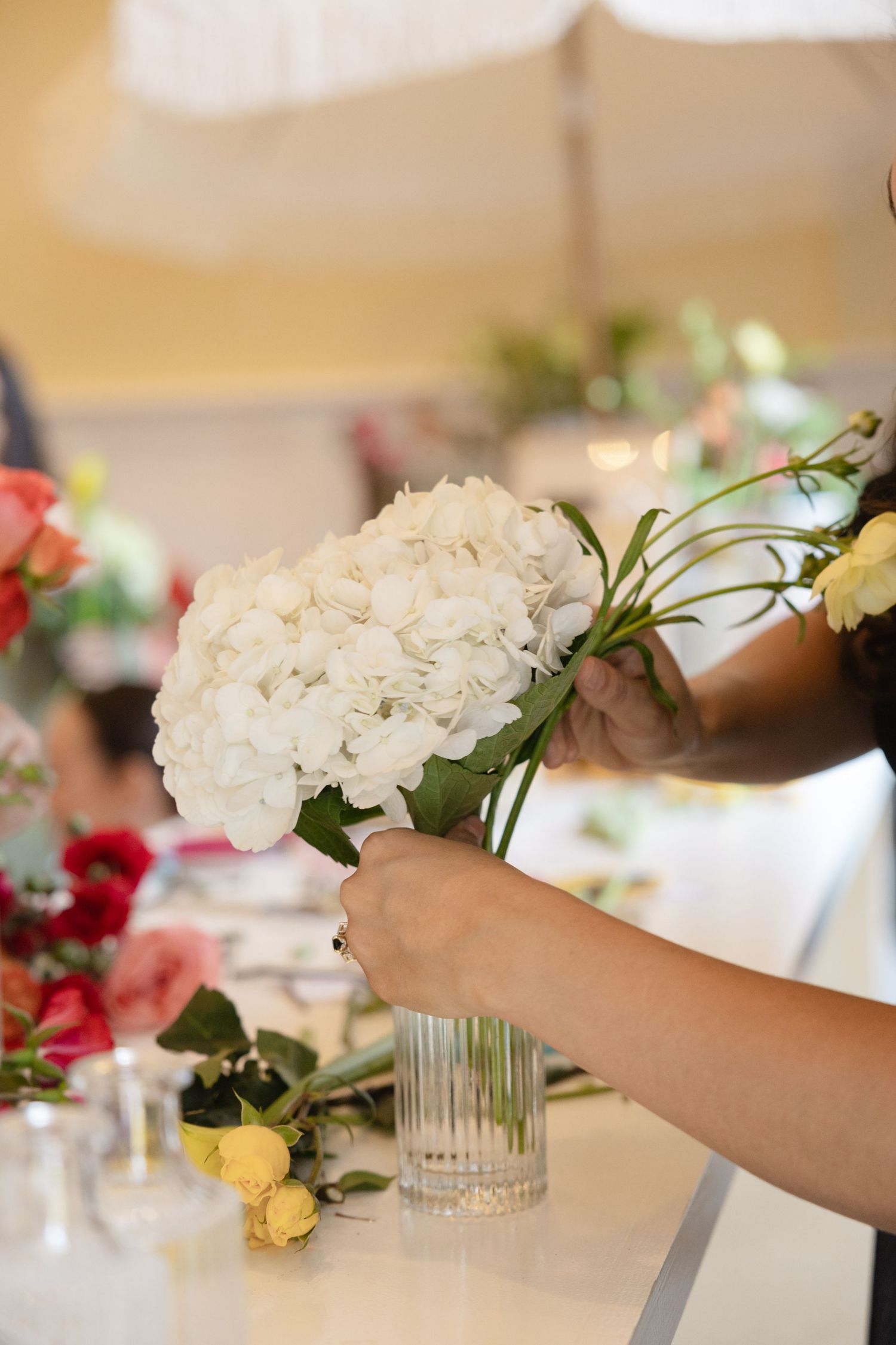 Hands arranging white hydrangea flowers in glass vases for event decoration.