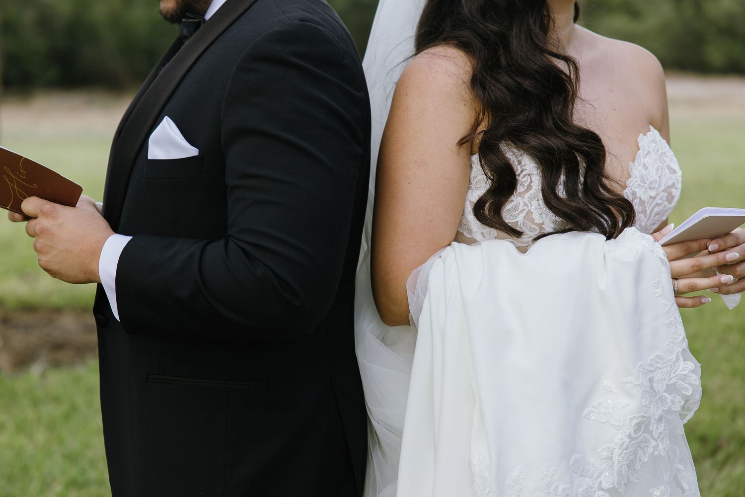 Close-up shots of bride and groom during outdoor wedding ceremony.