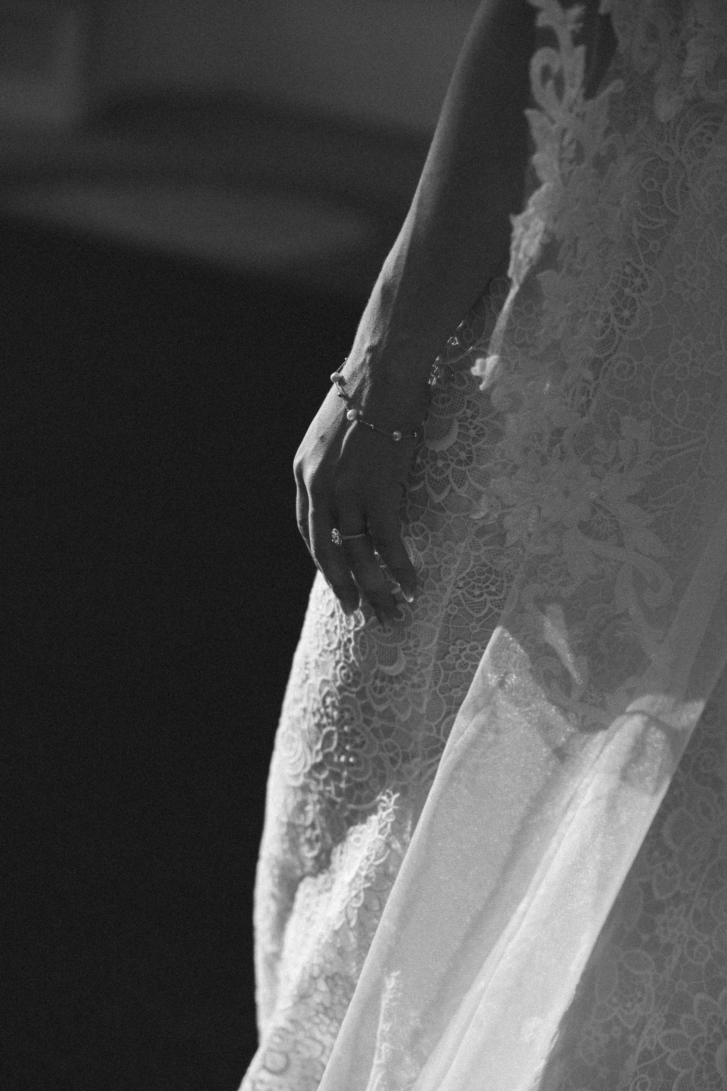 Close-up detail of intricate lace pattern on white fabric.