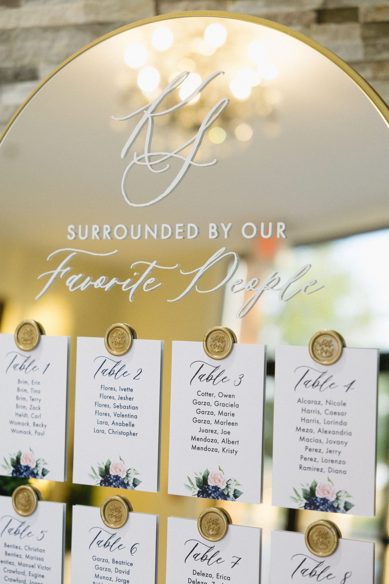 Wedding seating chart with elegant calligraphy and floral designs.