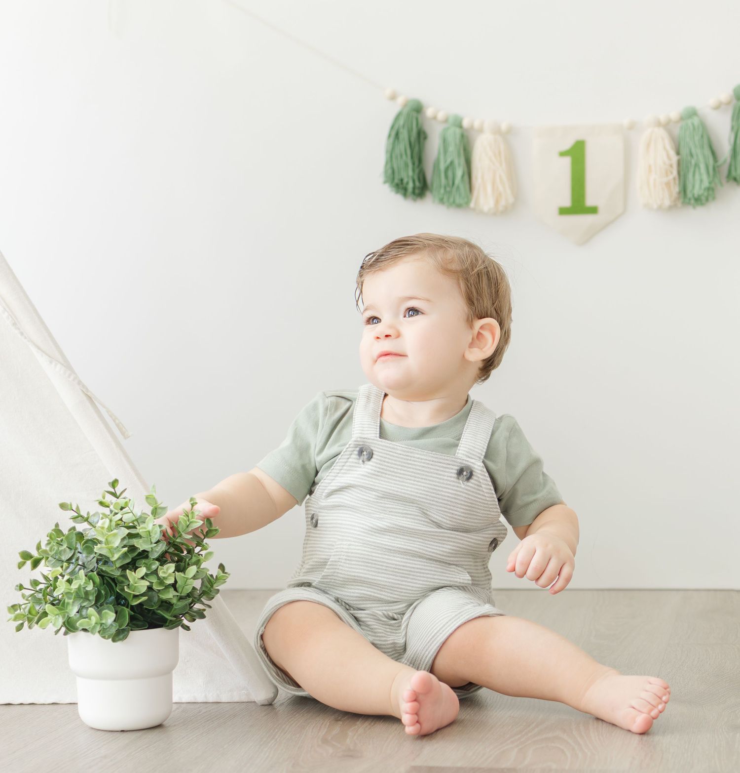 one year old baby sitting with plant first birthday milestone session St Albert photographer