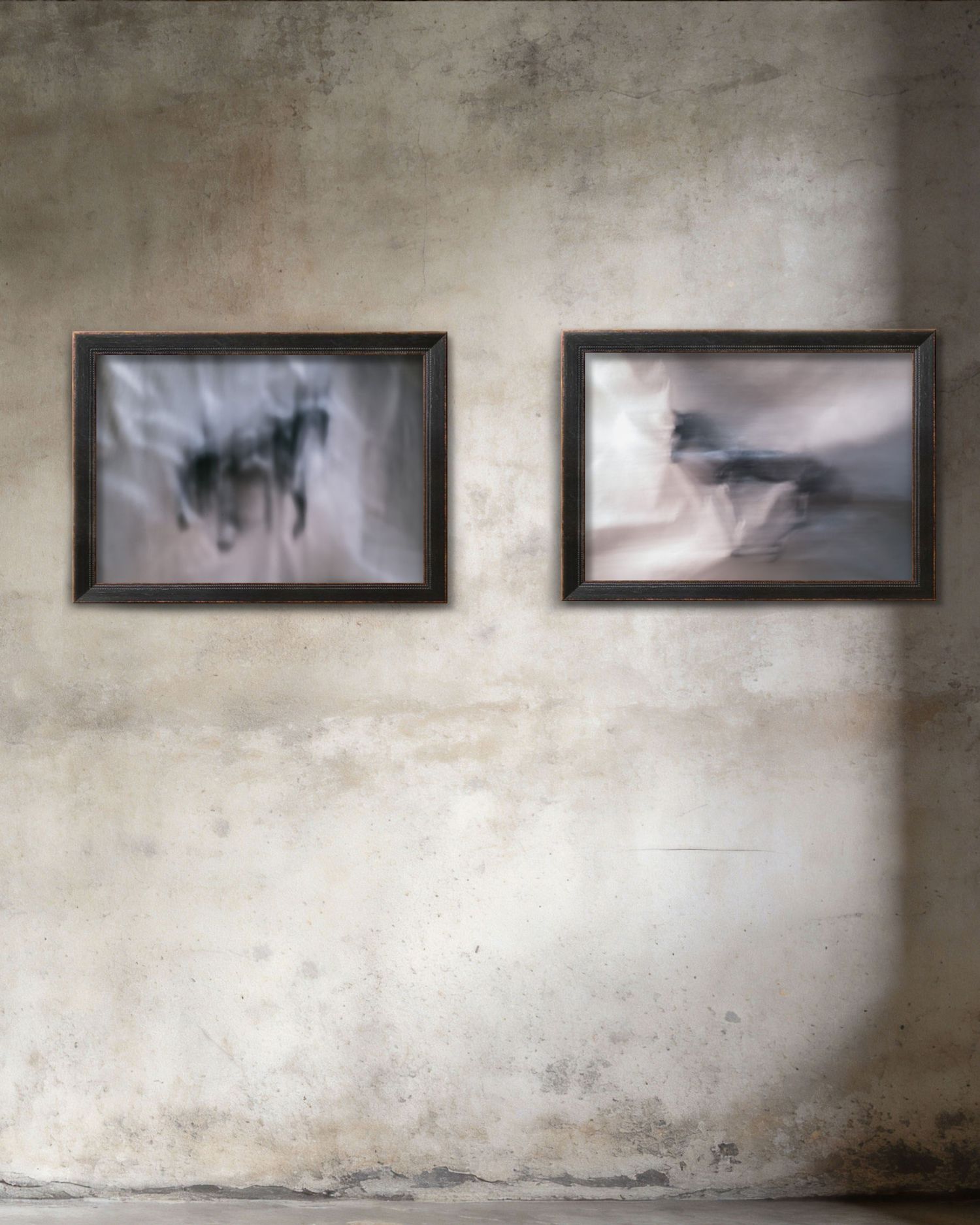 Two framed abstract equine artworks displayed on a weathered concrete wall in a minimalist gallery setting.
