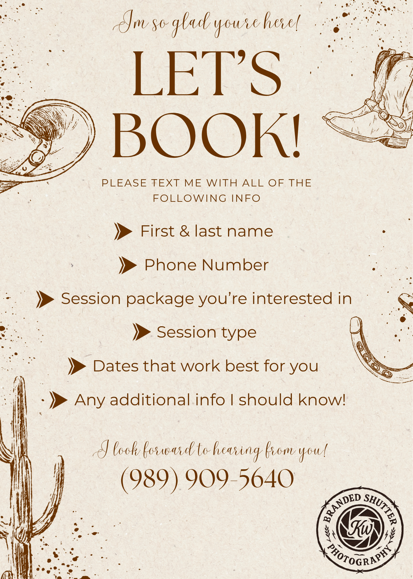 Western-themed photography booking flyer with cowboy hat, boots, and cactus illustrations listing contact info.