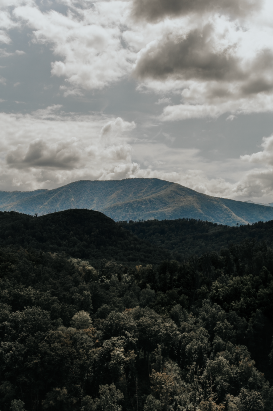 Dramatic mountain landscape under moody cloudy skies with forested hills stretching into the distance.