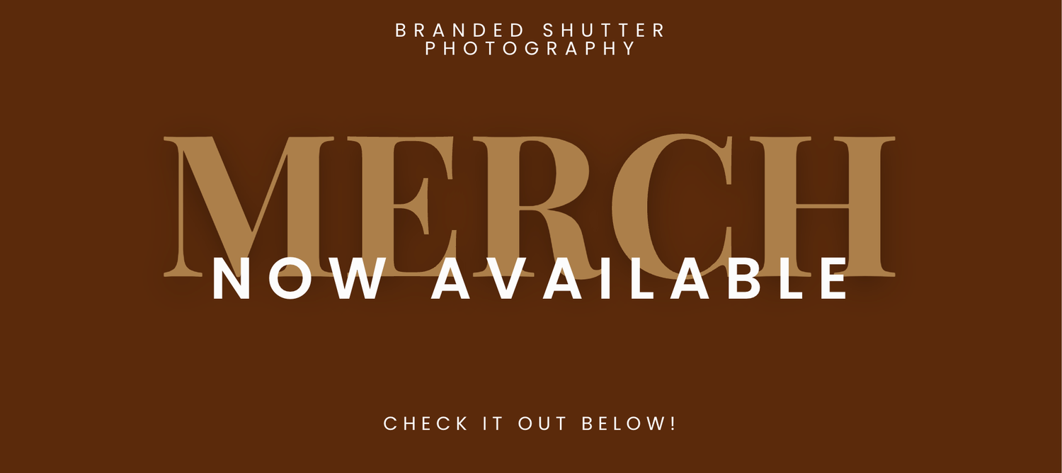 Branded Shutter Photography merch now available promotional banner with bold text on a rich brown background.