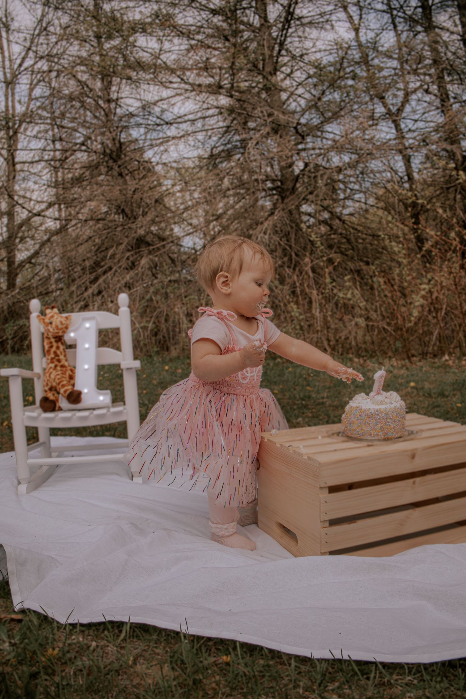 Toddler girl in pink dress reaching toward first birthday cake on wooden crate outdoors with giraffe stuffed animal.