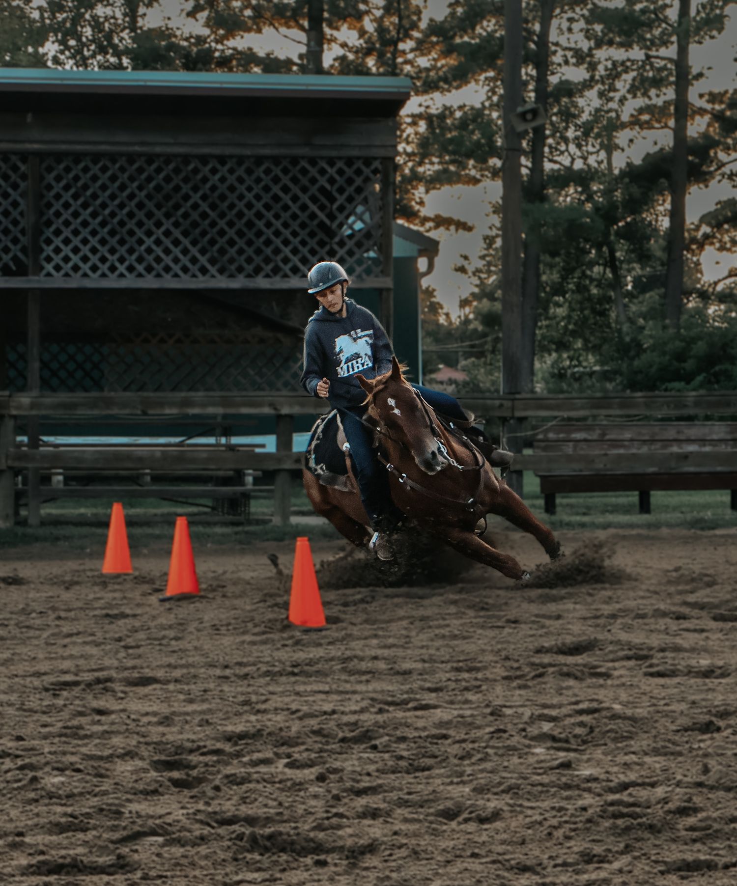 Horse and rider compete in barrel racing event, maneuvering through orange cones during practice session.