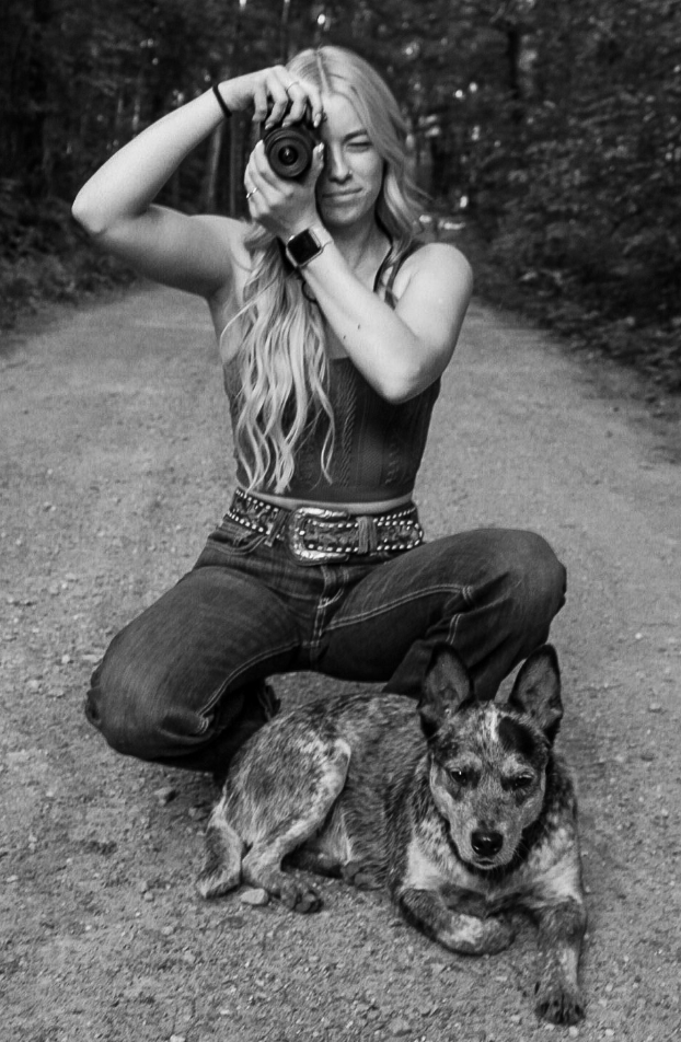 Black and white photography series showing playful interaction and candid poses with an Australian Cattle Dog outdoors.