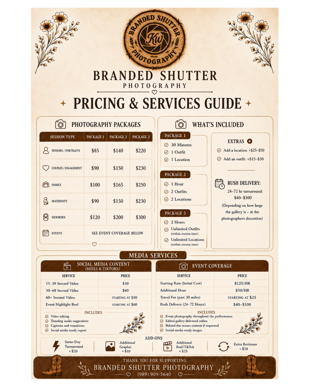 Branded Shutter Photography pricing and services guide showing photography packages, media services, and event coverage options.