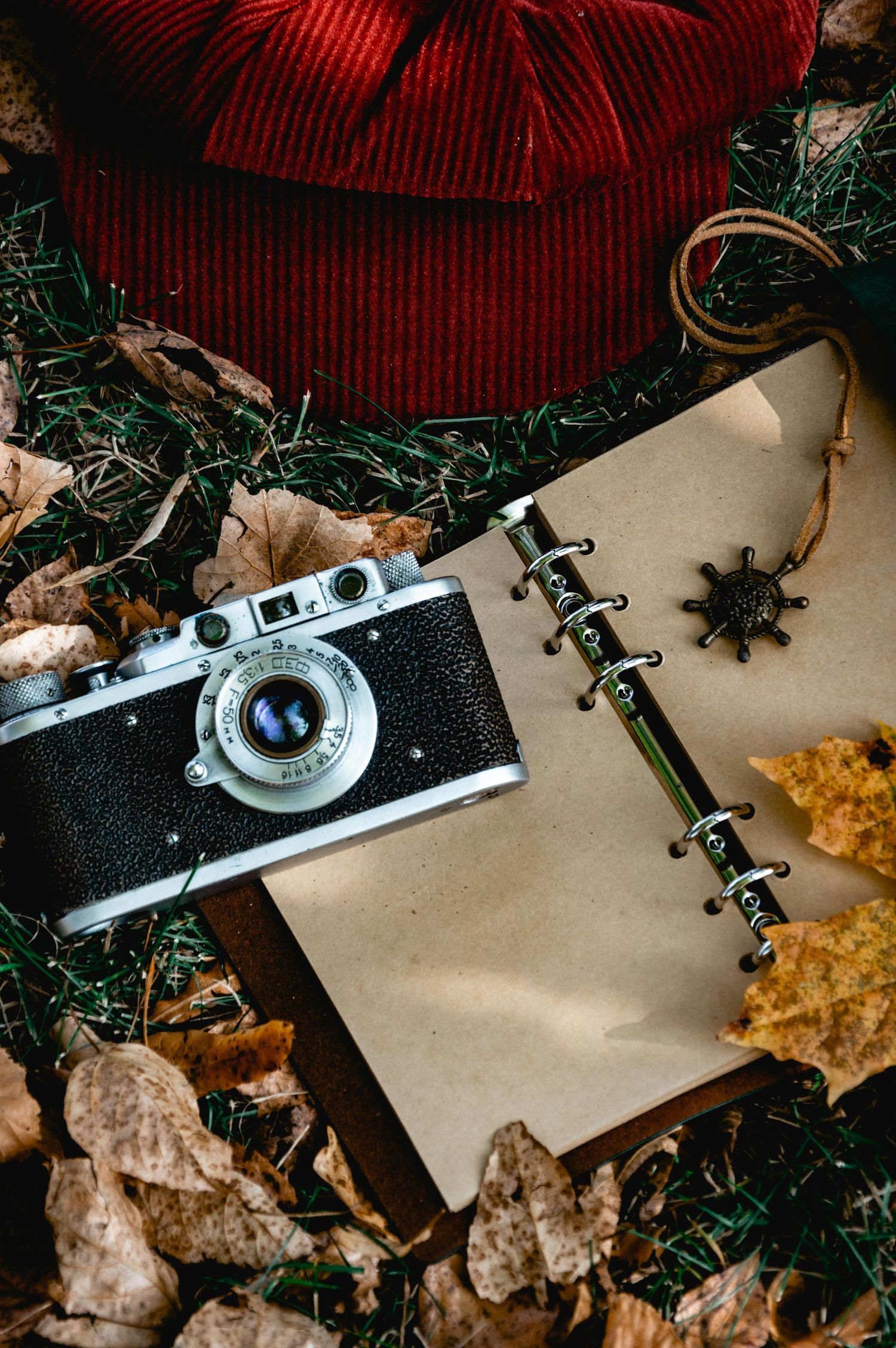 Vintage camera and notebook displayed with autumn leaves on a textured red background.