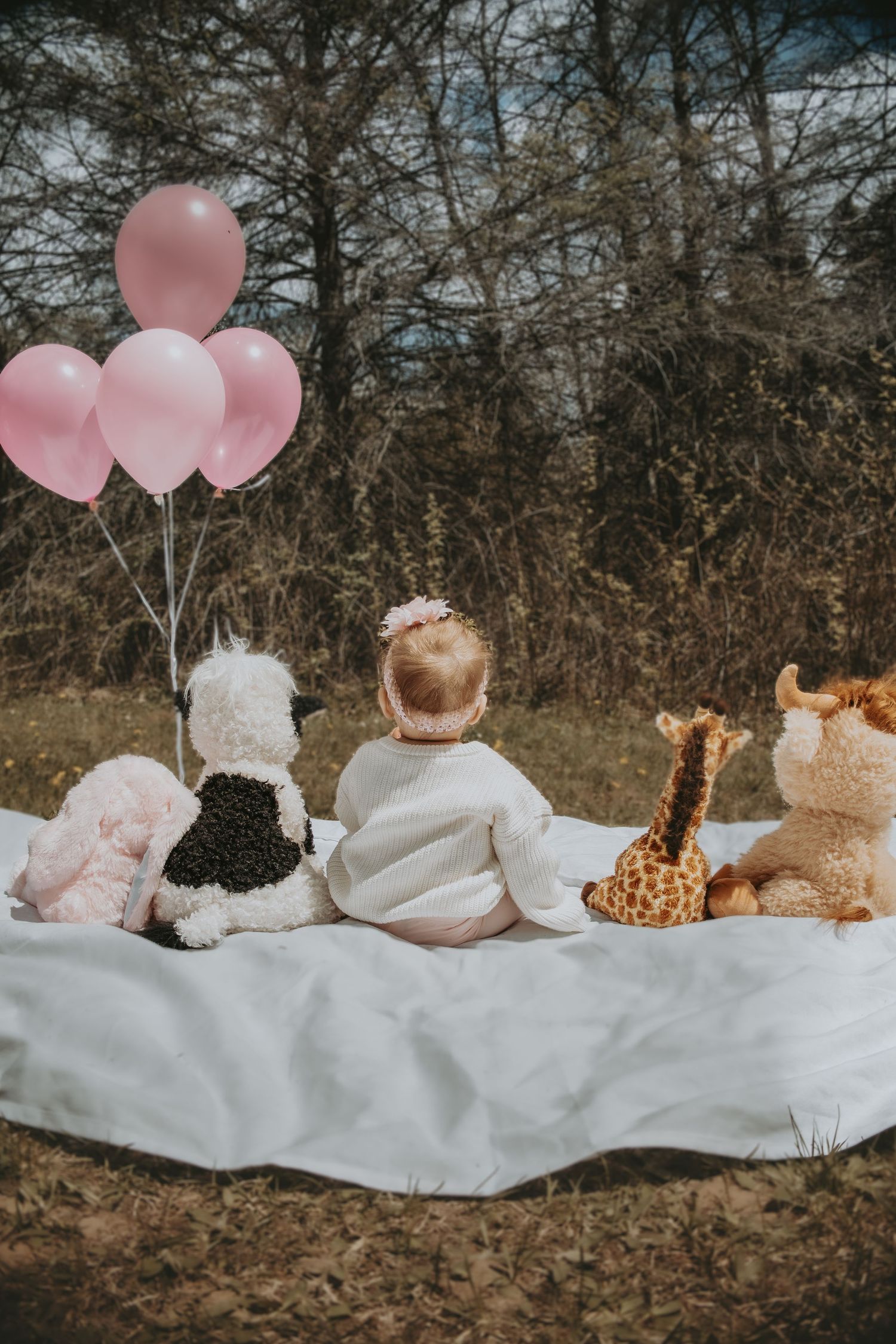 Baby girl sitting on white blanket outdoors surrounded by stuffed animals and pink balloons viewed from behind.