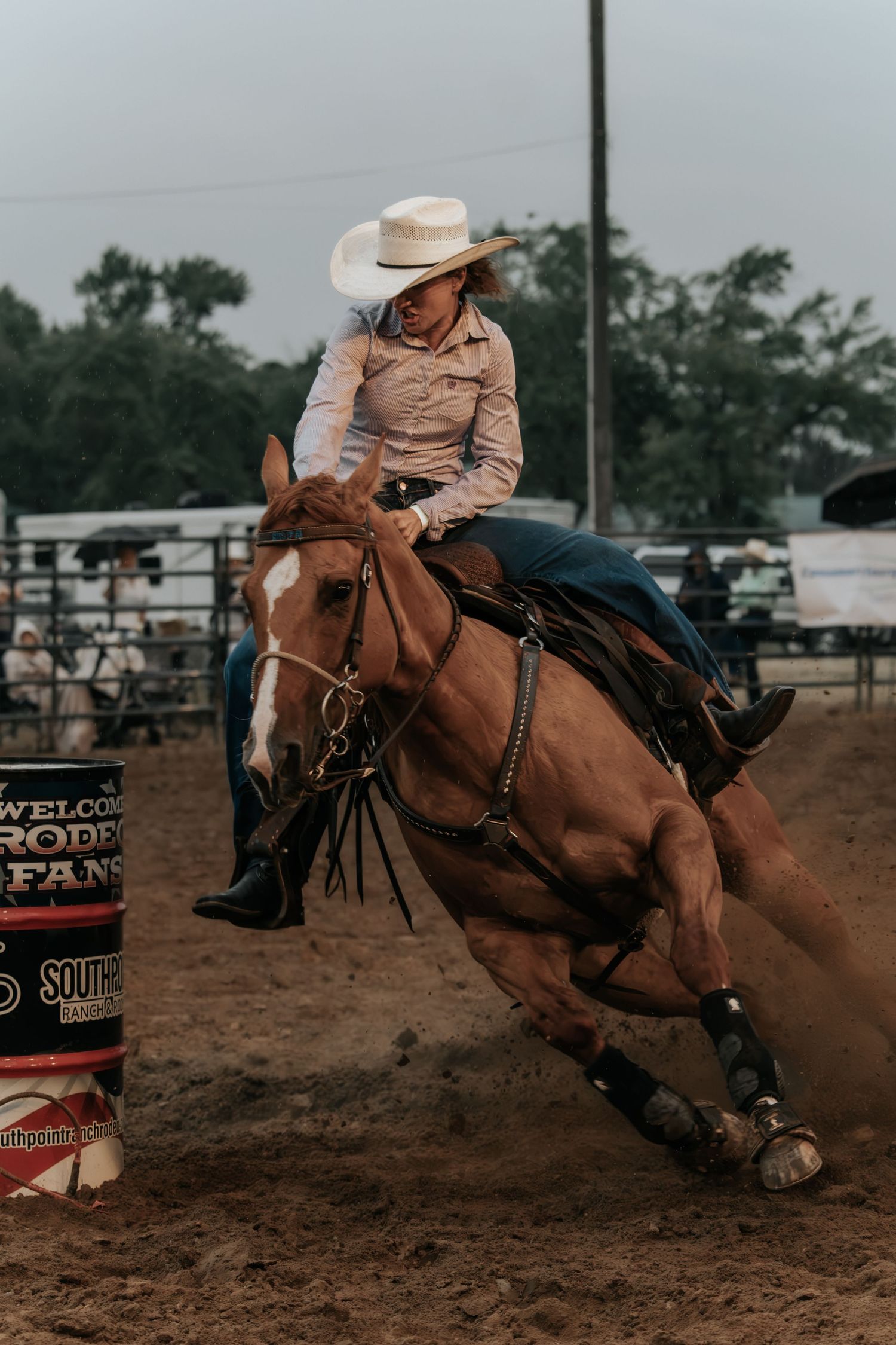 Cowgirl in white hat rides chestnut horse around barrel at rodeo competition in dusty arena.
