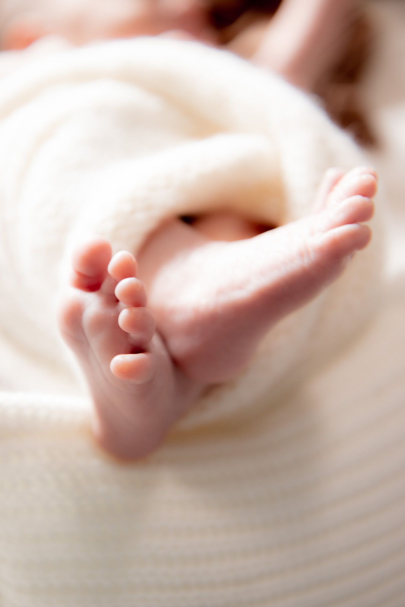 Close-up of tiny newborn baby feet wrapped in a soft white blanket.