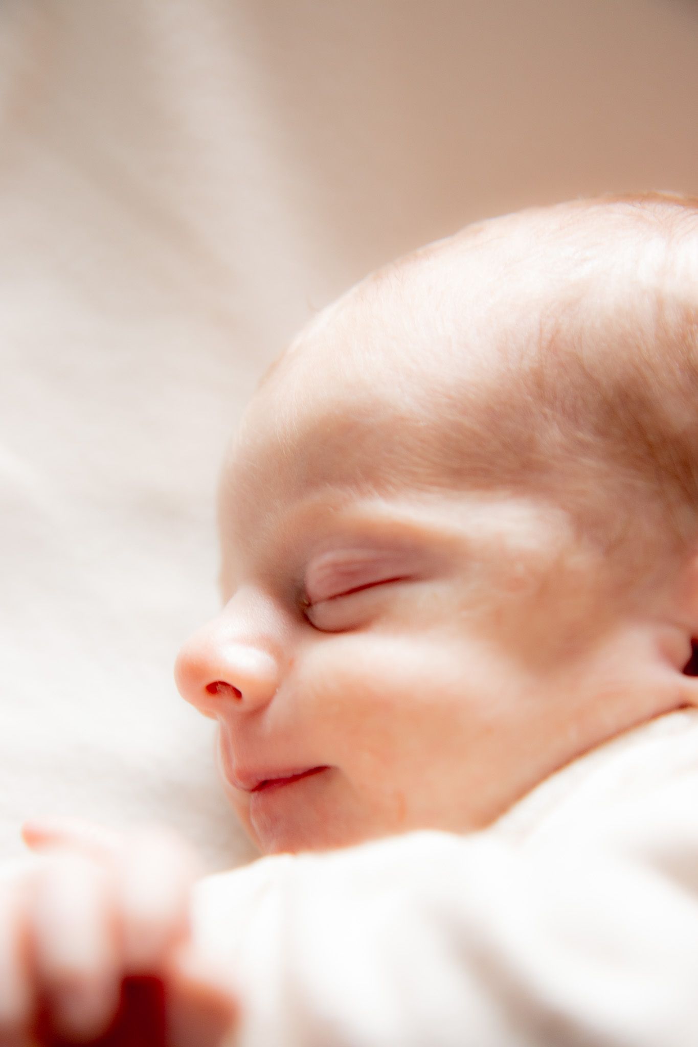 Peaceful newborn baby sleeping soundly, close-up portrait of infant with delicate features on soft white background.