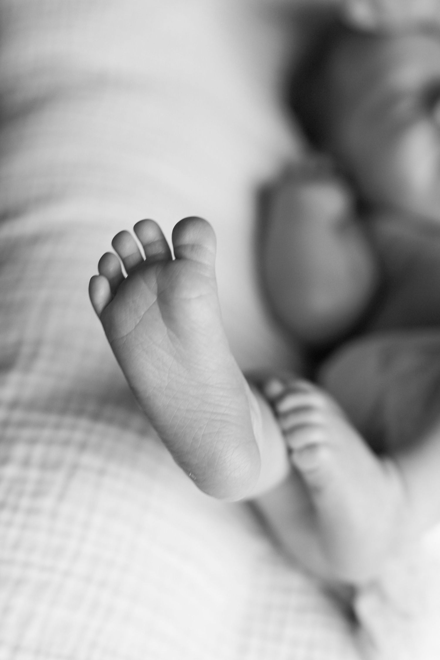 Close-up black and white photo of tiny newborn baby feet resting on a soft blanket.