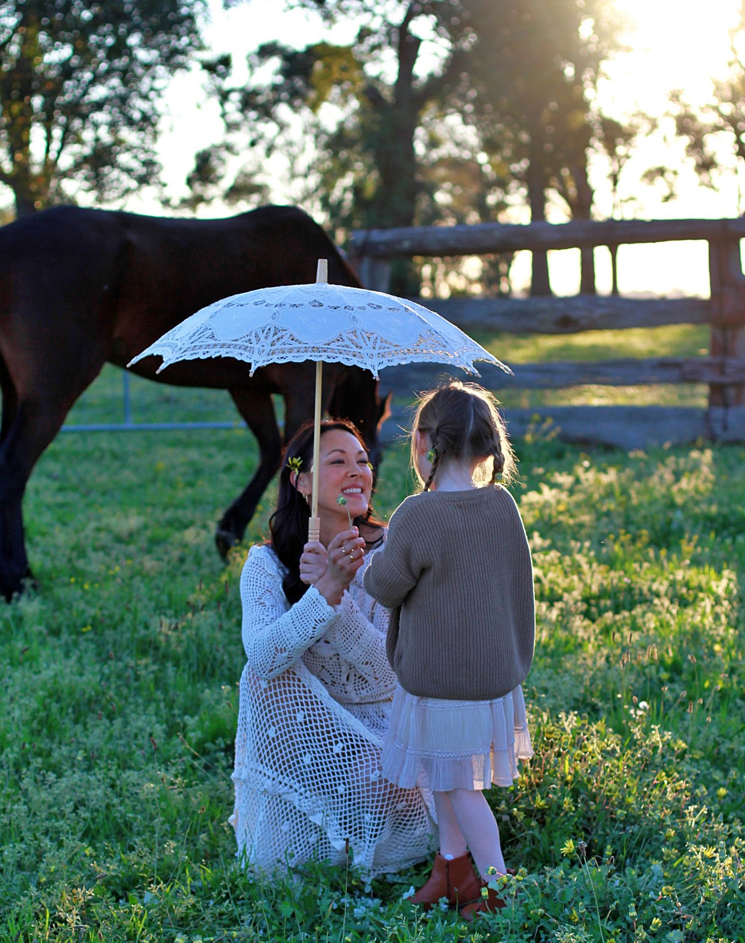 Mum and daughter sharing a quiet moment in nature during a family session