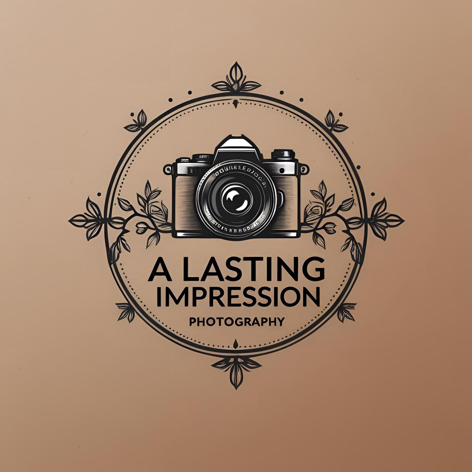 Logo for A Lasting Impression Photography featuring a vintage camera and ornate design, with gold text on a tan background.