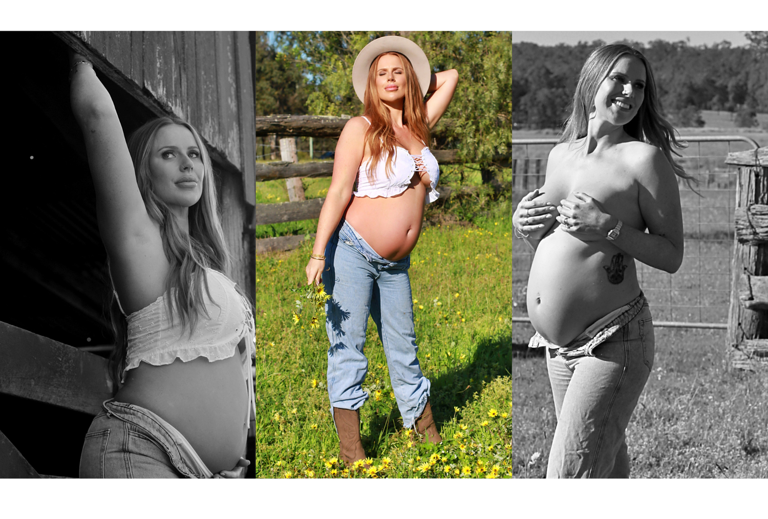 Outdoor maternity photoshoot of a maternity session in jeans and crop top, posed in fields and near rustic fences.