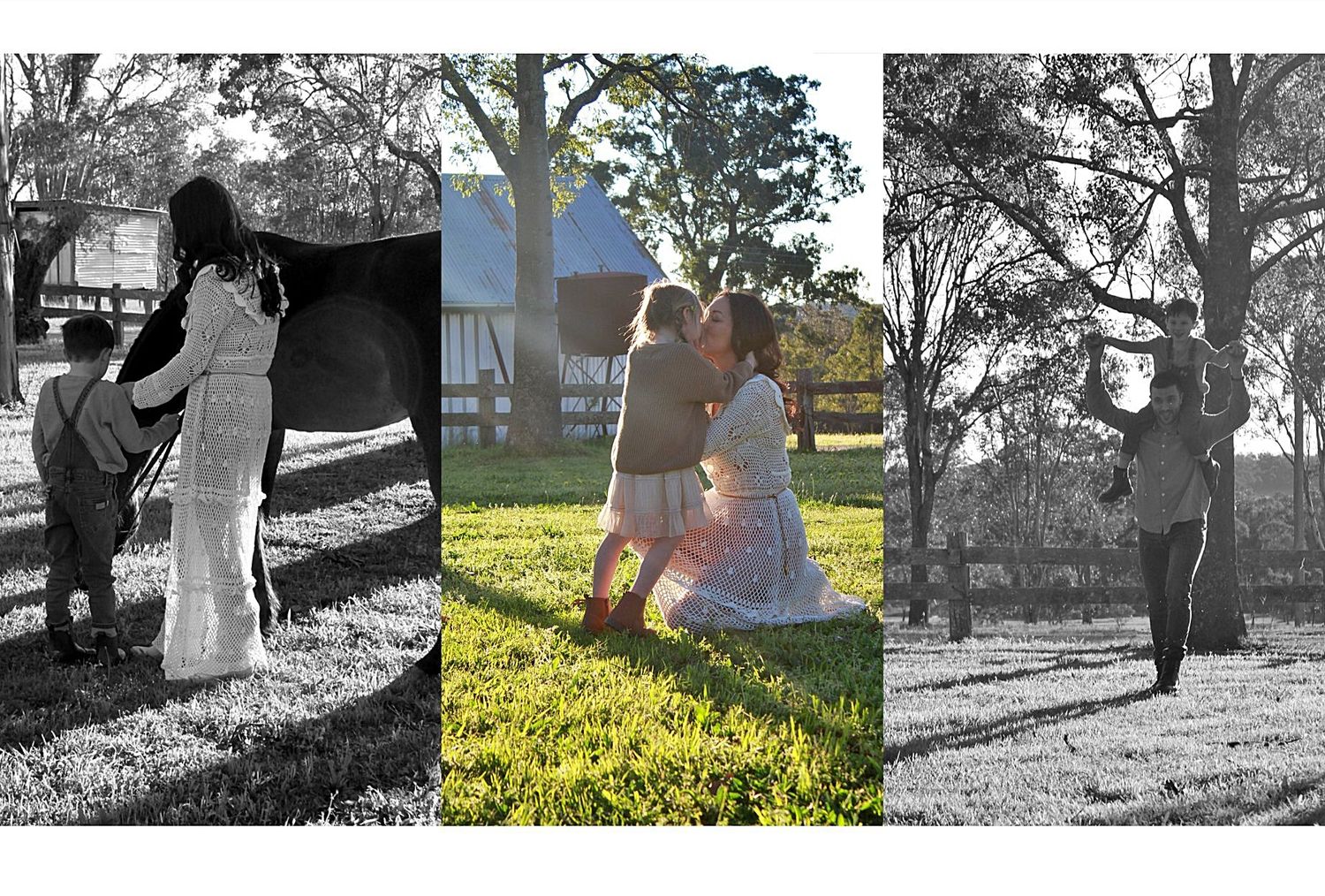 Warm family photos outdoors, featuring parents with children and a horse in golden afternoon light.