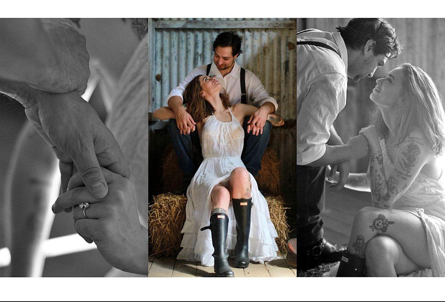 Rustic engagement portraits of a couple holding hands, laughing & embracing in a barn setting, captured by A Lasting Impression Photography.
