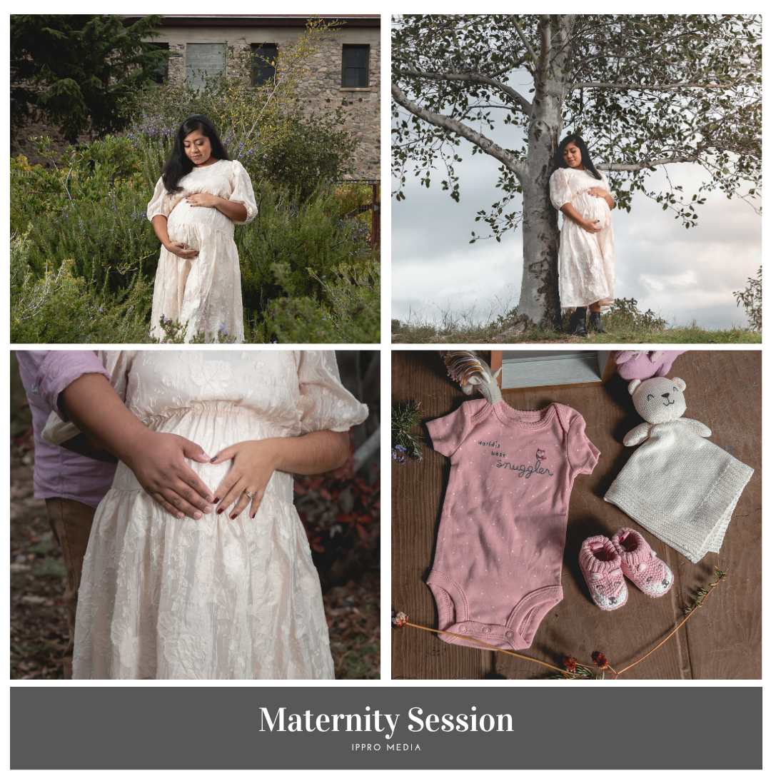 Maternity photo session featuring soft pink and white dresses with baby shoes and floral details.