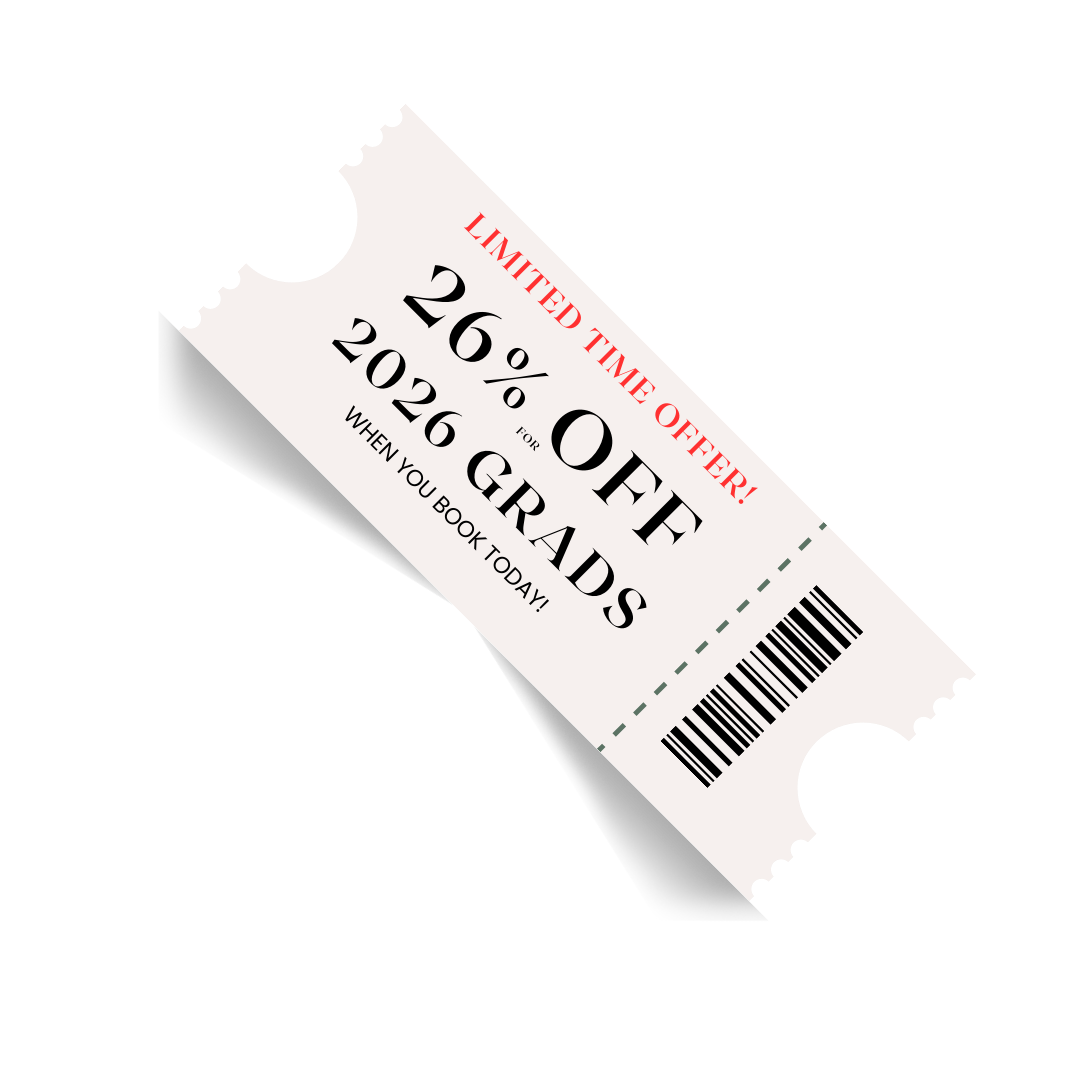 White promotional coupon showing 26% off discount for 2026 graduates.