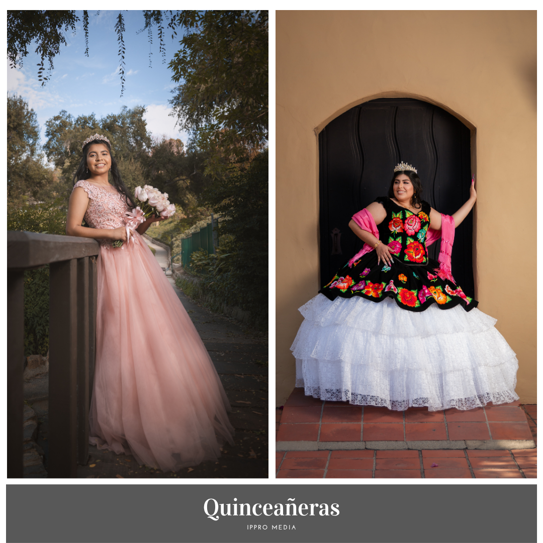 Quinceañera photography session featuring elegant ball gowns in pink and white.