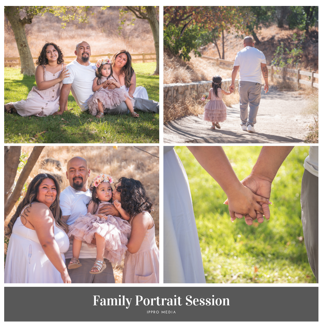 Outdoor family portrait session in white outfits during golden hour.