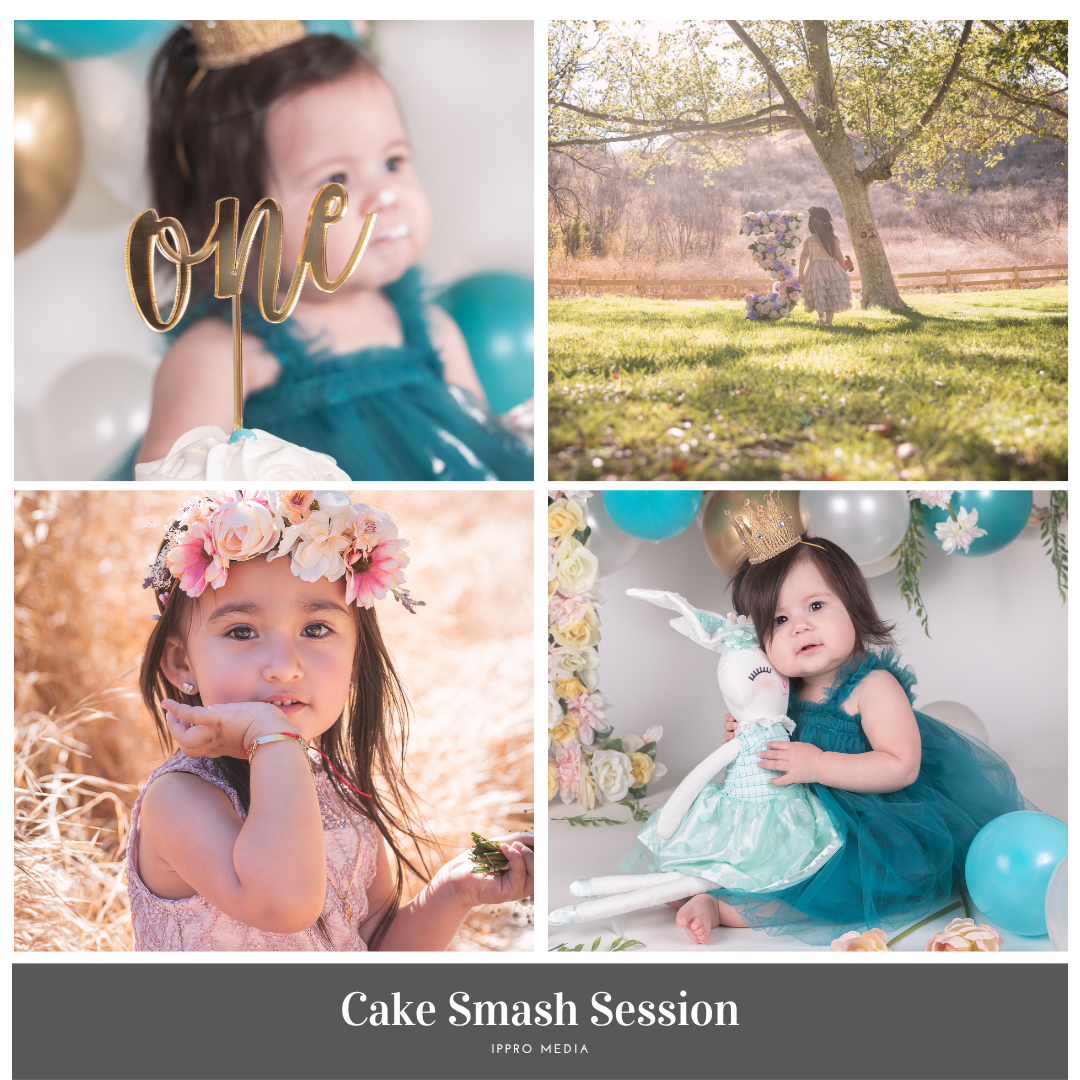 First birthday cake smash photography session with teal and pink party decorations.