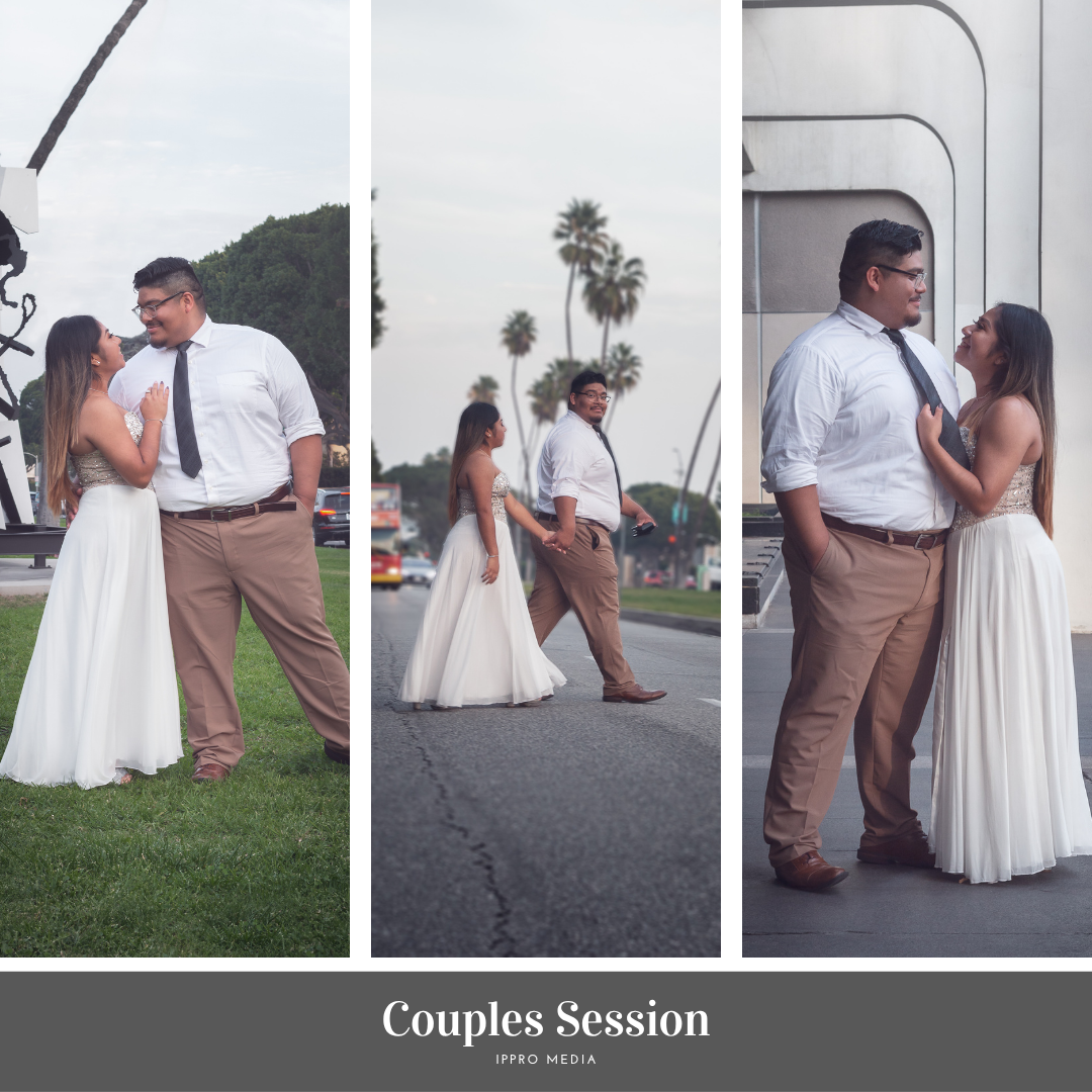 Romantic couples photo session with white dress and brown attire against an outdoor backdrop.