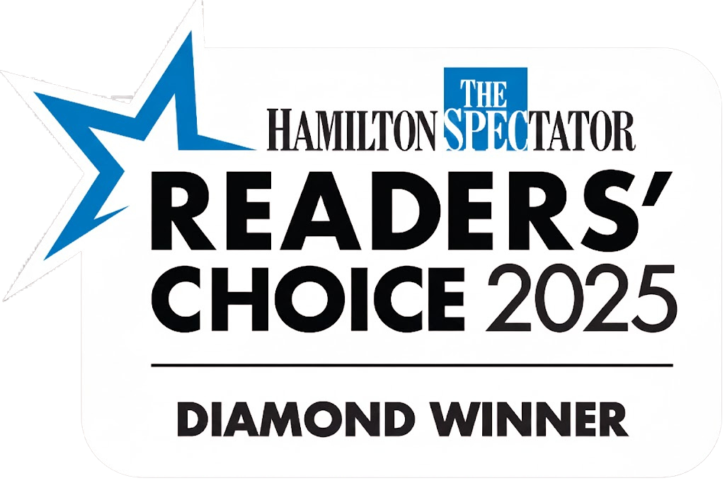 Three award badges showing Hamilton Spectator Reader's Choice Diamond Winner recognition.