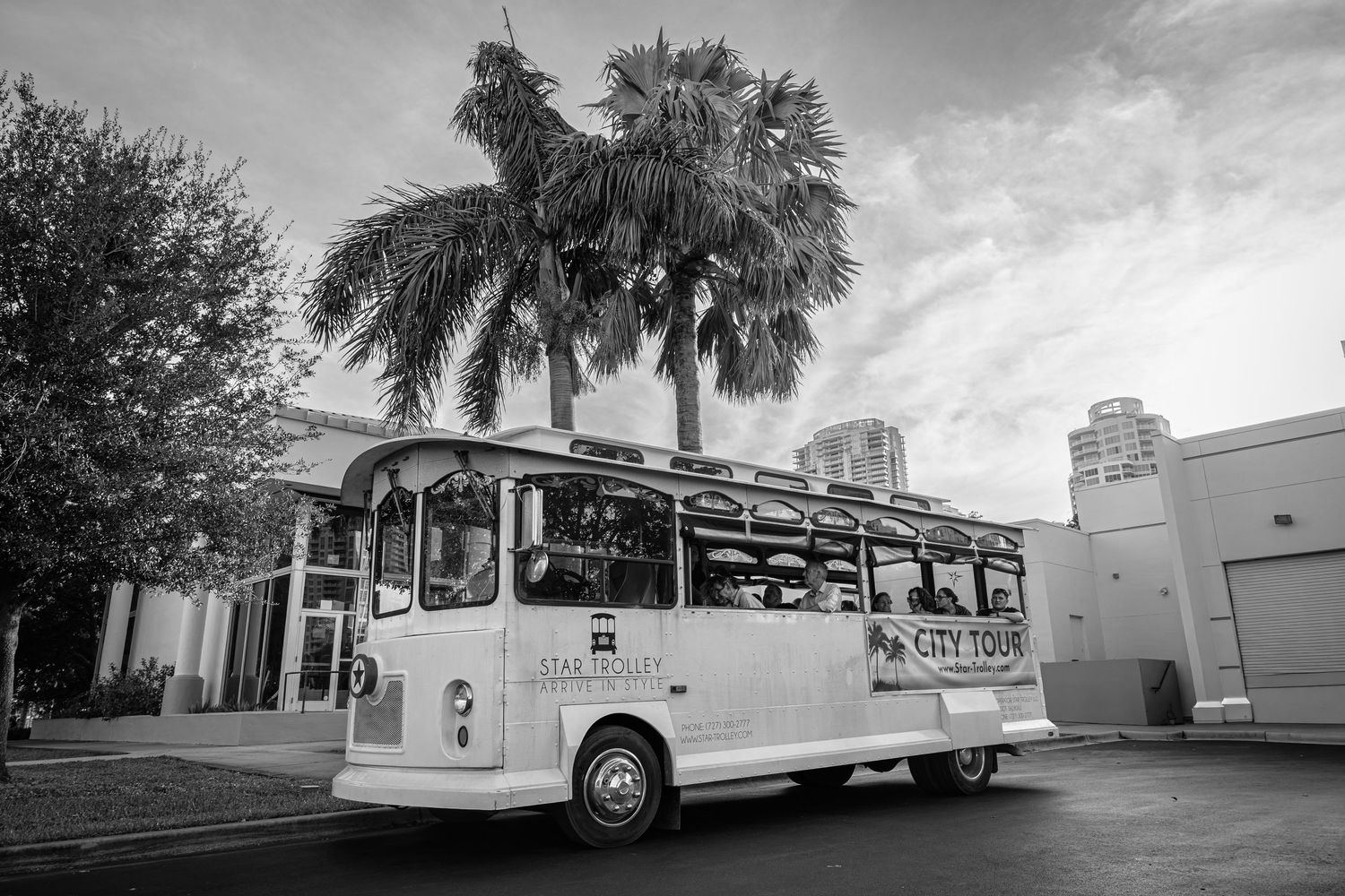 Black and white photograph of a Star Trolley tour trolley in St. Petersburg, Florida.