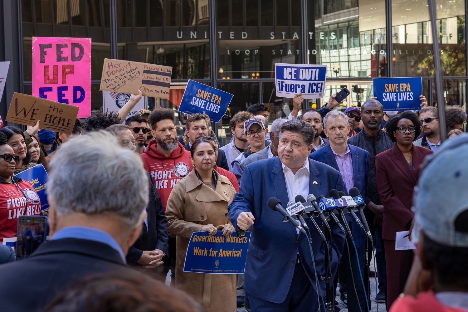 Documentary photograph of Illinois Governor J.B. Pritzker speaking at a rally in Chicago, Illinois.