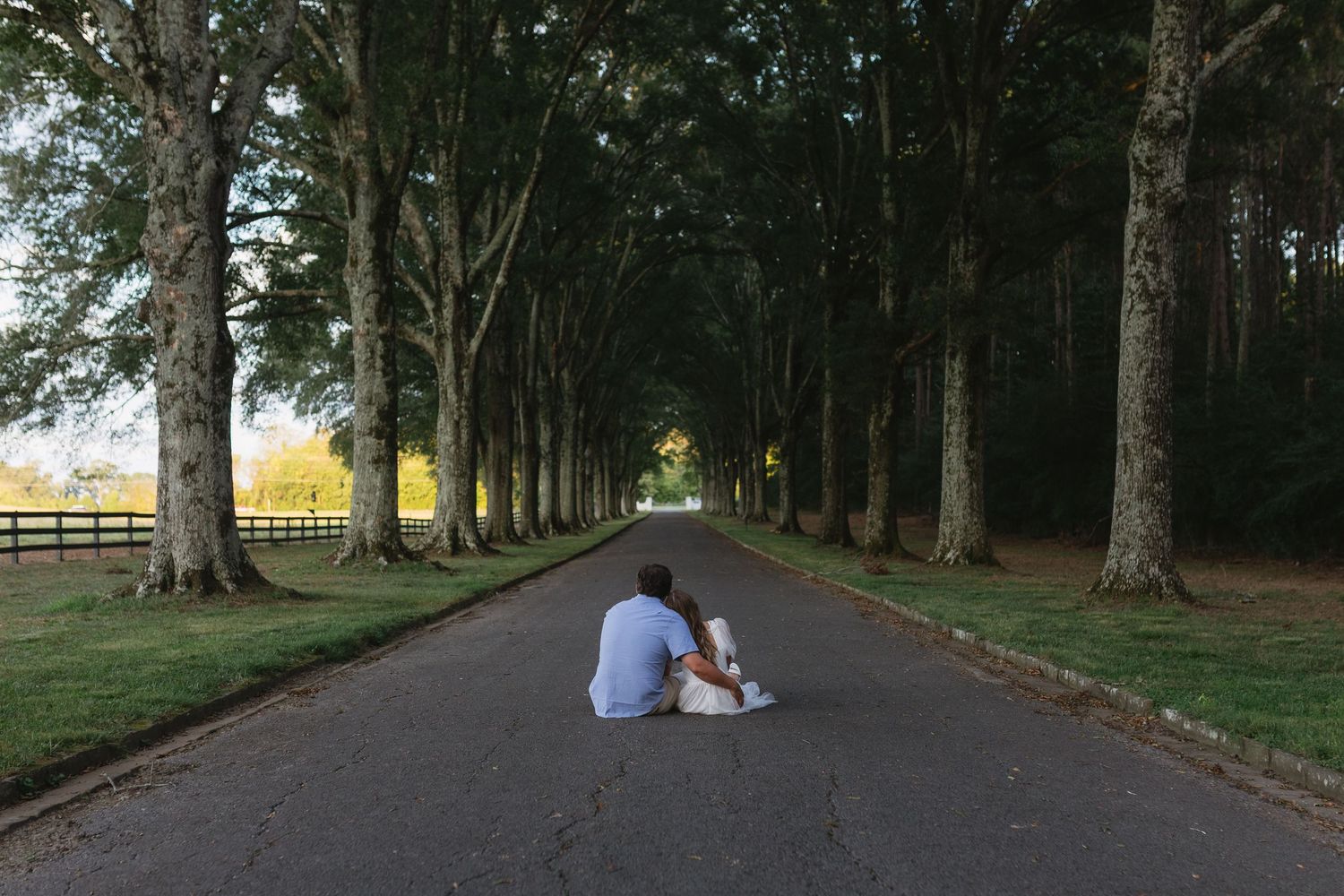 Couple sitting together on a tree-lined road at dusk, surrounded by tall trees creating a natural tunnel.
