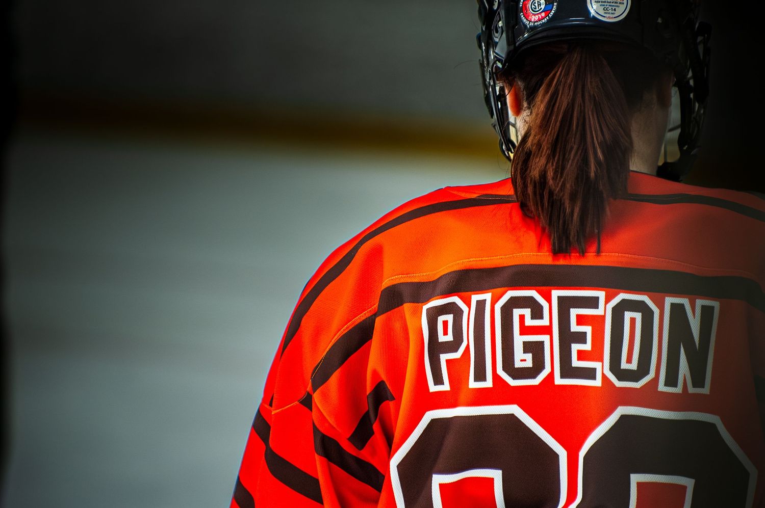 Back view of hockey player wearing red Pigeon jersey and black helmet on ice rink.