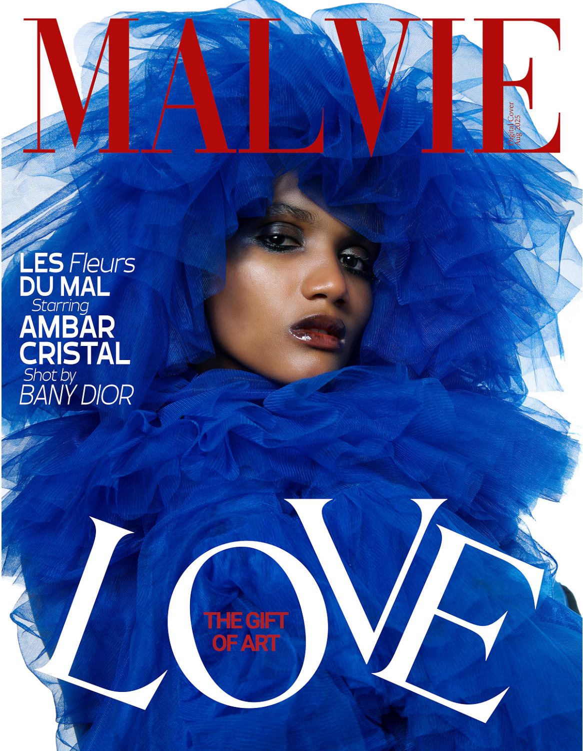 Malvie magazine editorial cover of girl with blue chiffon material over her head