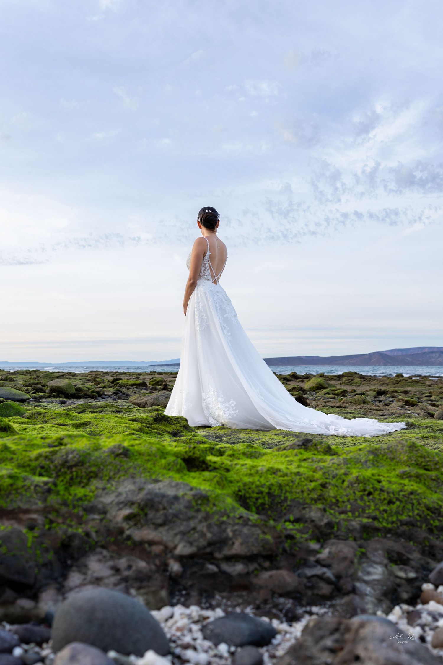 Bride in backless white gown with long train standing on rocky ocean shoreline.