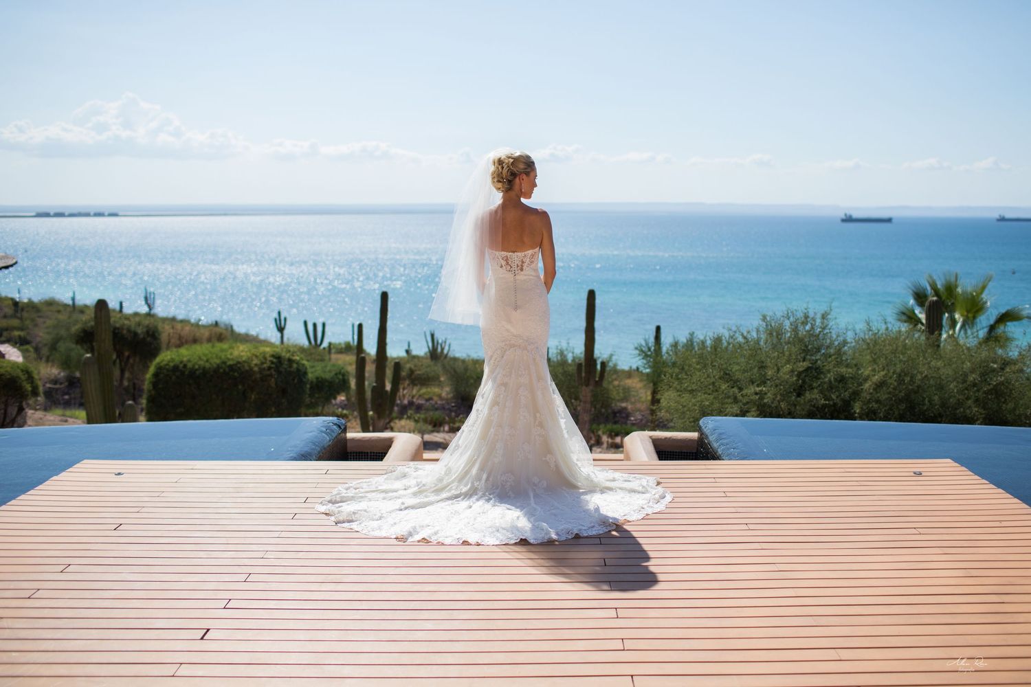 Elegant bride in lace mermaid gown with veil stands on deck overlooking ocean with cacti landscape.