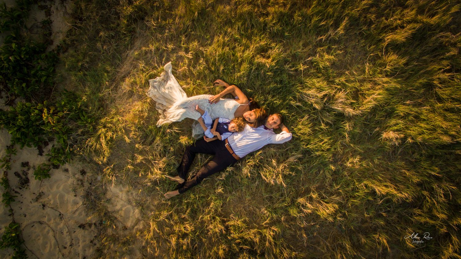 Aerial view of bride and groom lying together in golden green meadow grass from above.