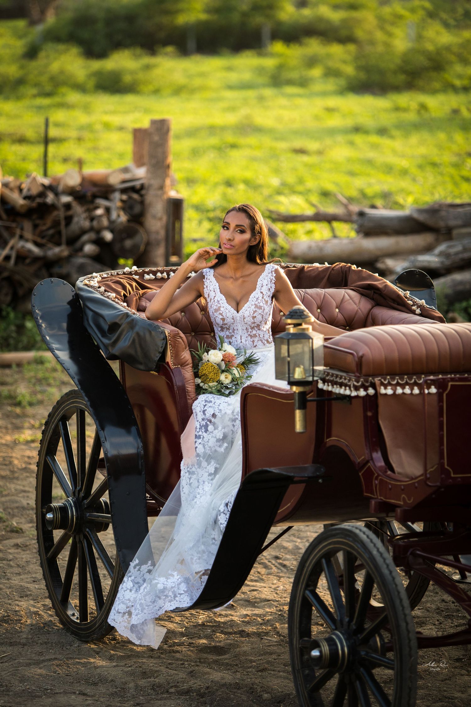 Bride in lace wedding gown posing in vintage brown horse-drawn carriage with bouquet outdoors.