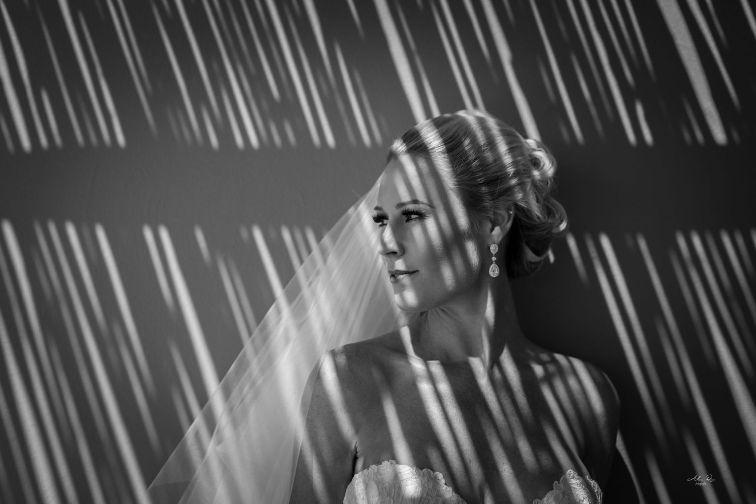 Black and white portrait of bride in veil with striking light stripe shadows.