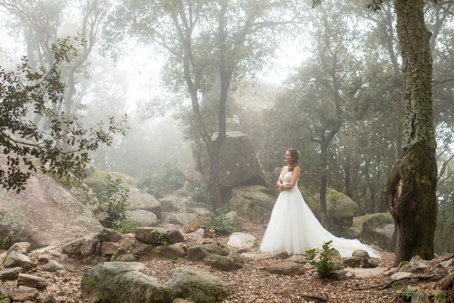 Bride in flowing white gown stands among rocks in a dreamy foggy forest setting.