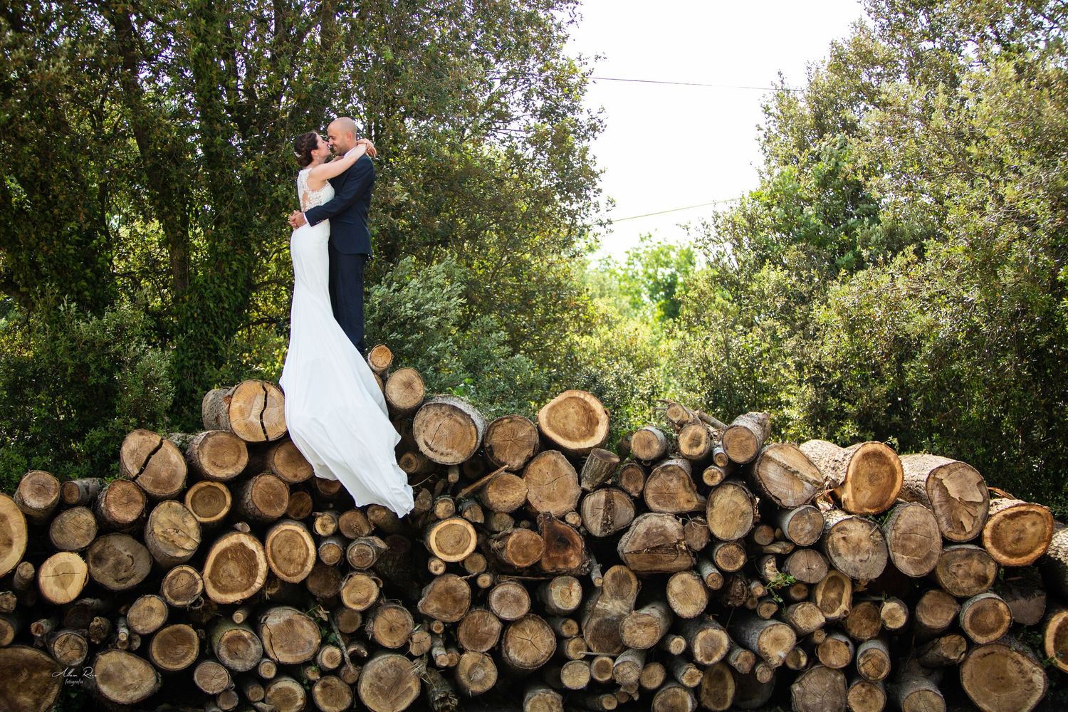 Groom lifting bride on top of a large pile of cut logs surrounded by lush green trees.