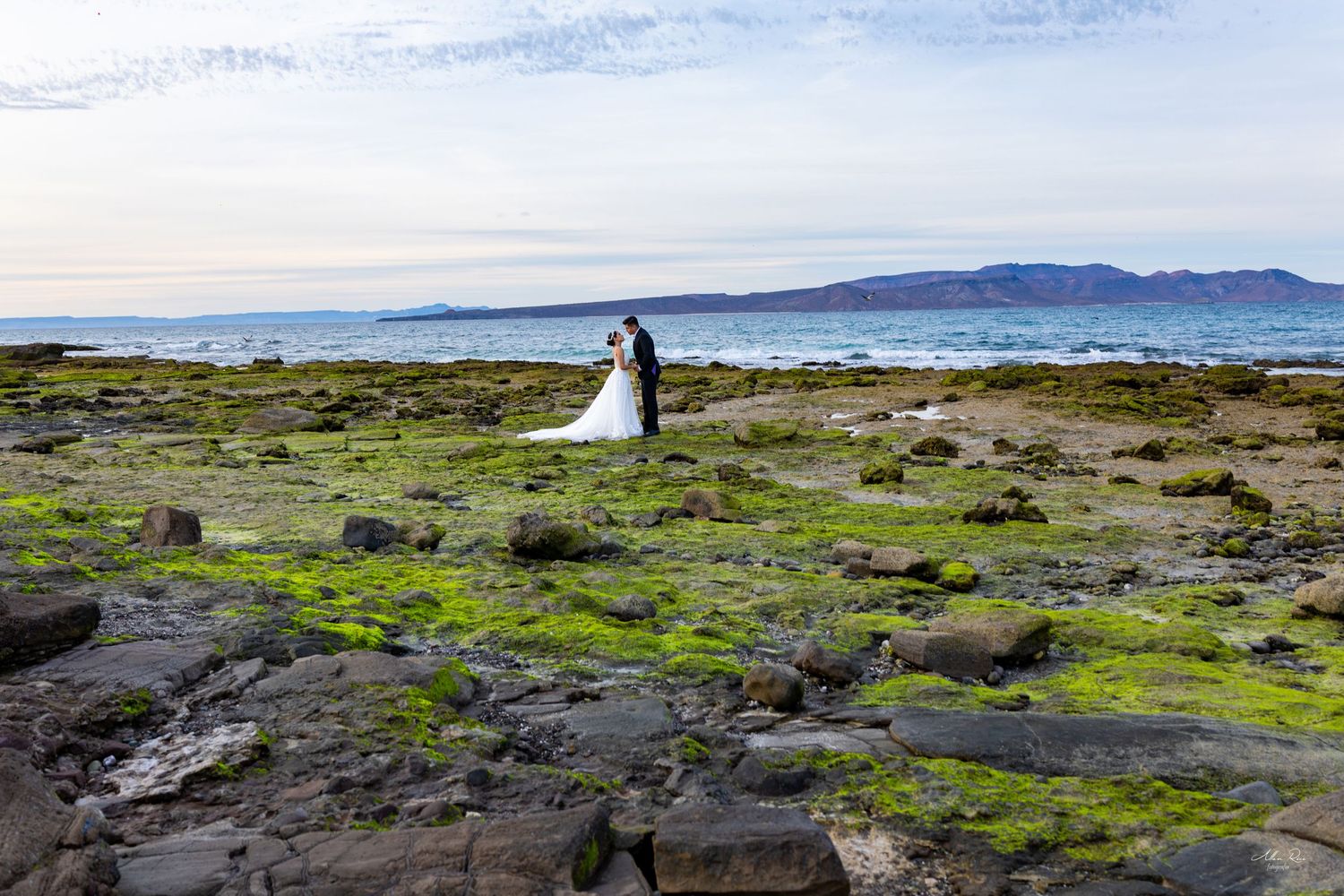 Bride and groom standing on rocky shoreline with ocean and mountains in background.