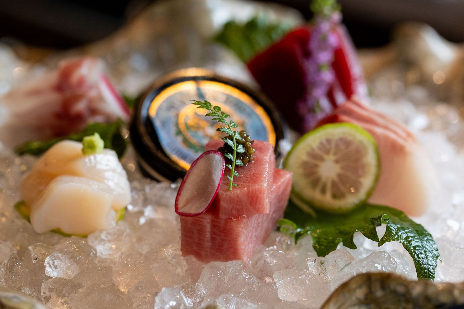 Fresh sashimi platter with tuna, scallop, and assorted fish served on ice with lime and garnishes.