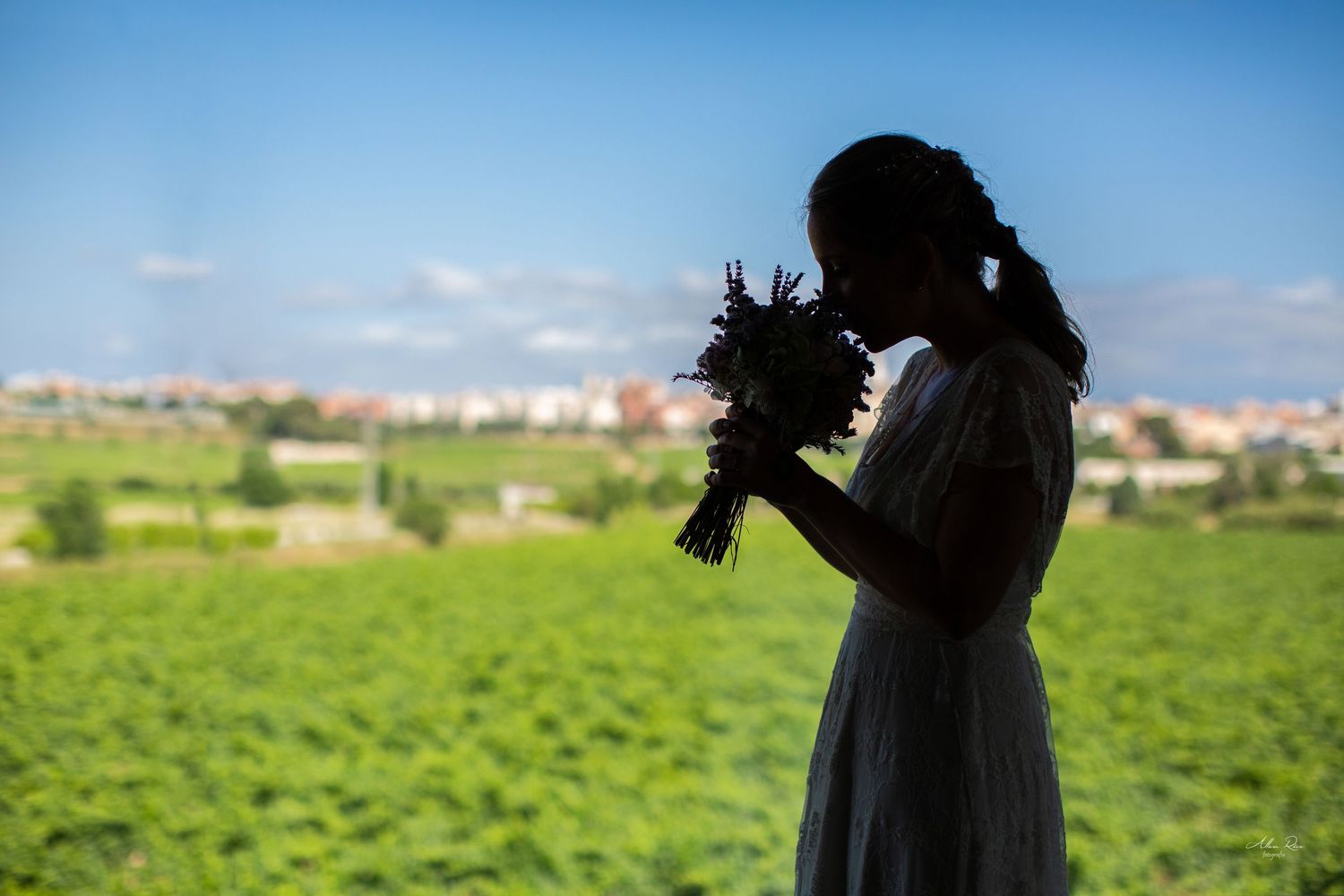 Silhouette of bride in white dress holding bouquet against green field and blue sky.