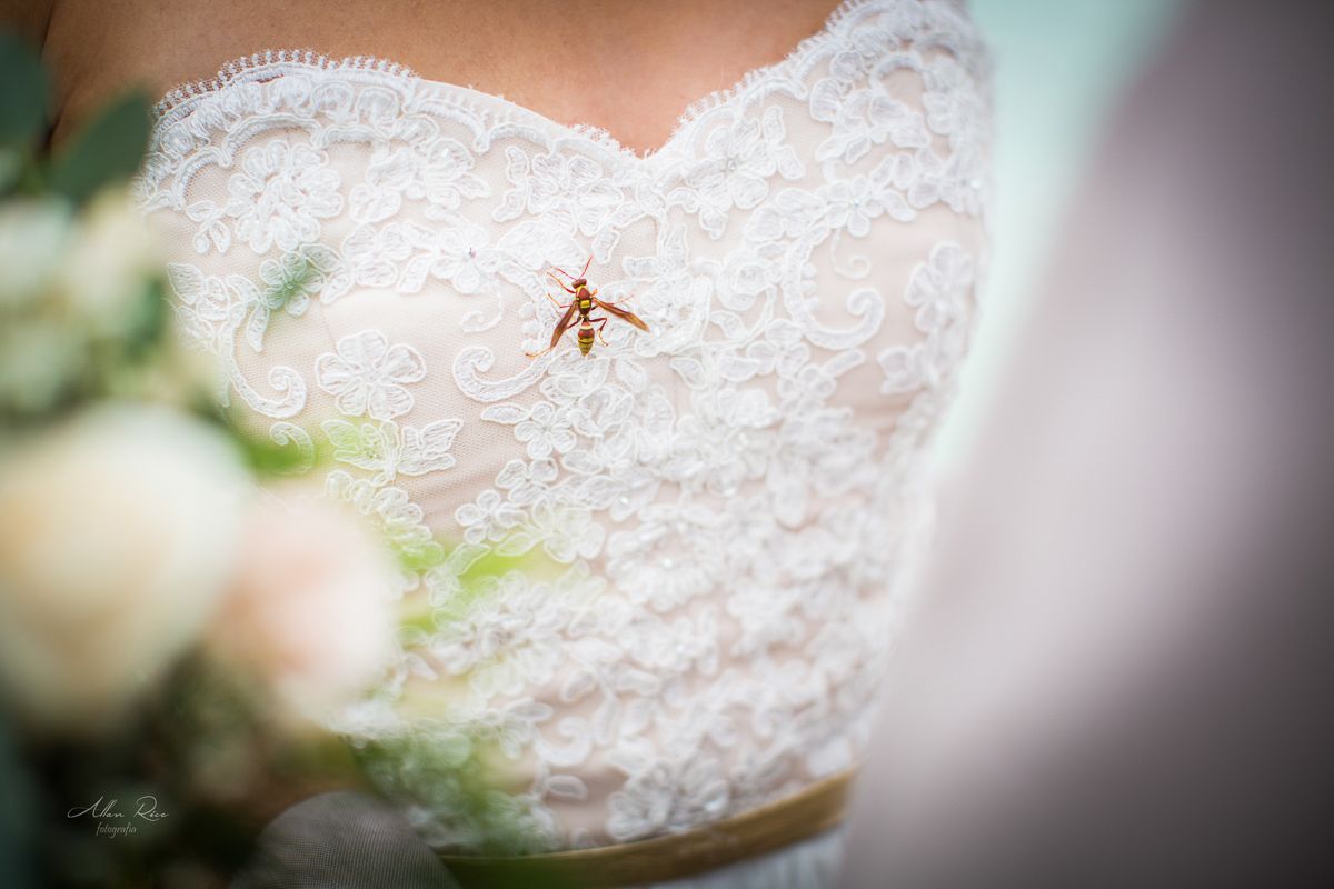 Close-up of delicate lace wedding dress bodice with small gold butterfly brooch detail.