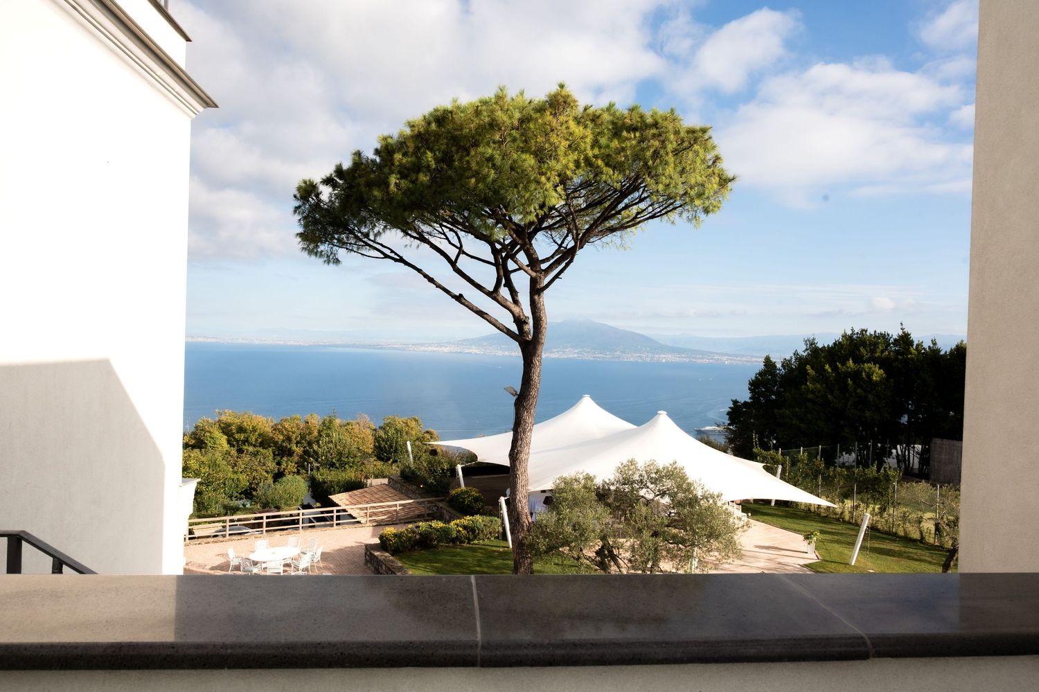 Wide angle landscape view of Mount Vesuvius from the balcony of Hotel Oasi Olimpia Relais.